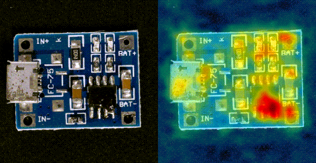 Heatmap overlaid on a circuit board showing the probability that each pixel is anomalous, providing a visualization of defects.