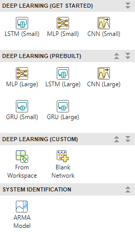 Model gallery with grouped options for deep learning and system identification, including small and large prebuilt LSTM, MLP, CNN, and GRU networks, custom deep learning models, and ARMA model.
