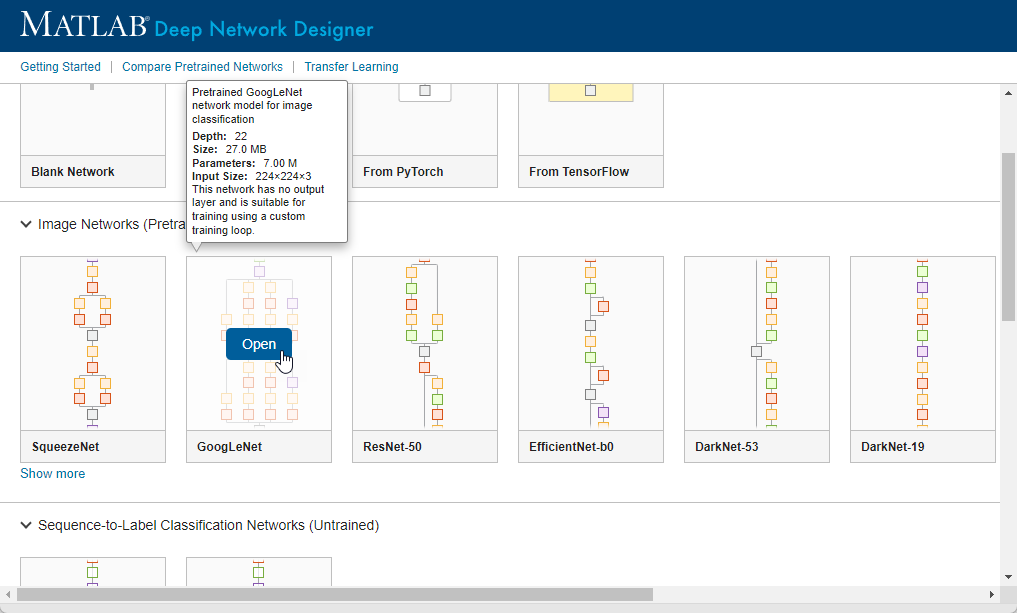 Deep Network Designer start page showing available networks