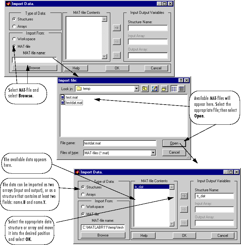 Screenshots of "Import Data" and "Import File" dialogue boxes