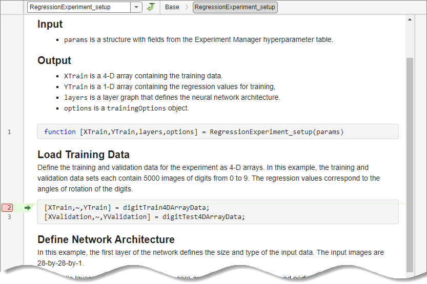 Experiment Manager sets a breakpoint on the first line of code in your setup or training function.