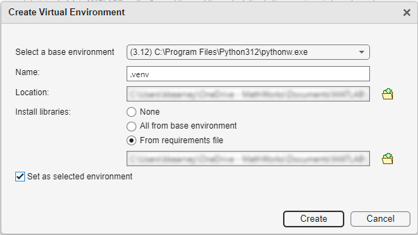 The Create Virtual Environment dialog box with fields for selecting a base environment, entering a name, specifying a location, and choosing library installation options including from a requirements file. A checkbox labeled Set as selected environment is at the bottom.