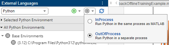 The MATLAB External Languages panel with gear dropdown selected to switch process mode.