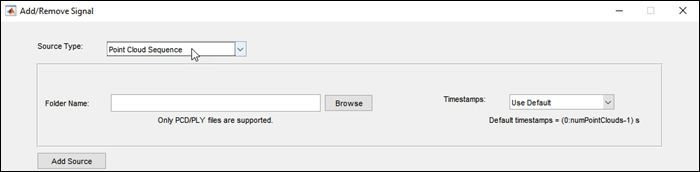 Add/Remove Signal dialog box with Source Type set to Point Cloud Sequence