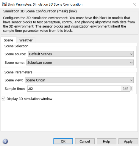 Block parameters dialog box for Simulation 3D Scene Configuration block