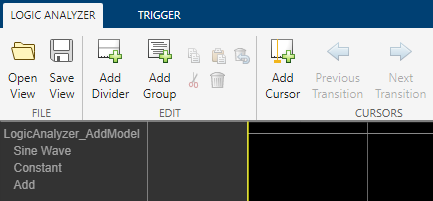 Logic Analyzer view with a divider named after the view file and signals from the view file