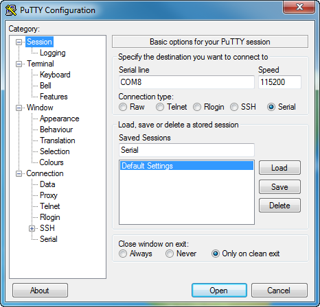 Configure the connection by using the PuTTY Configuration dialog box.