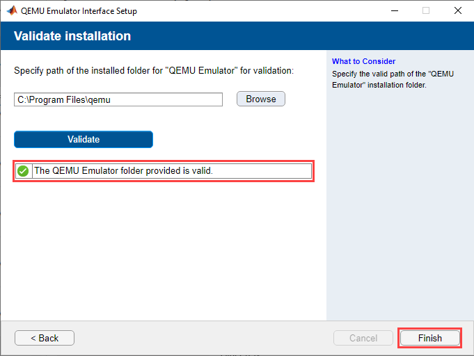 Use the validate-installation window to setup the QEMU emulator interface.