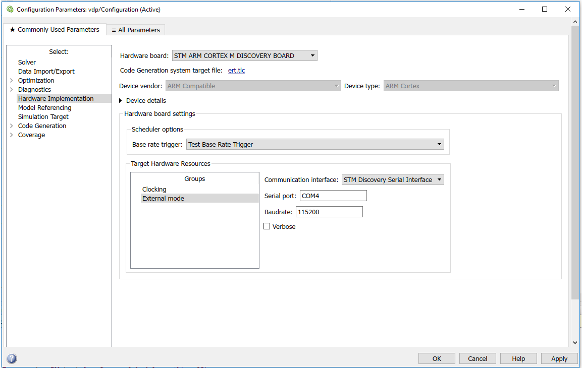 The External mode options for your Target Hardware Resources include detailed hardware properties.