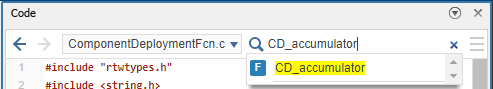 The string CD_integrator appears in the Code view search field and the response shows that Code view found an instance of the function name CD_integrator.
