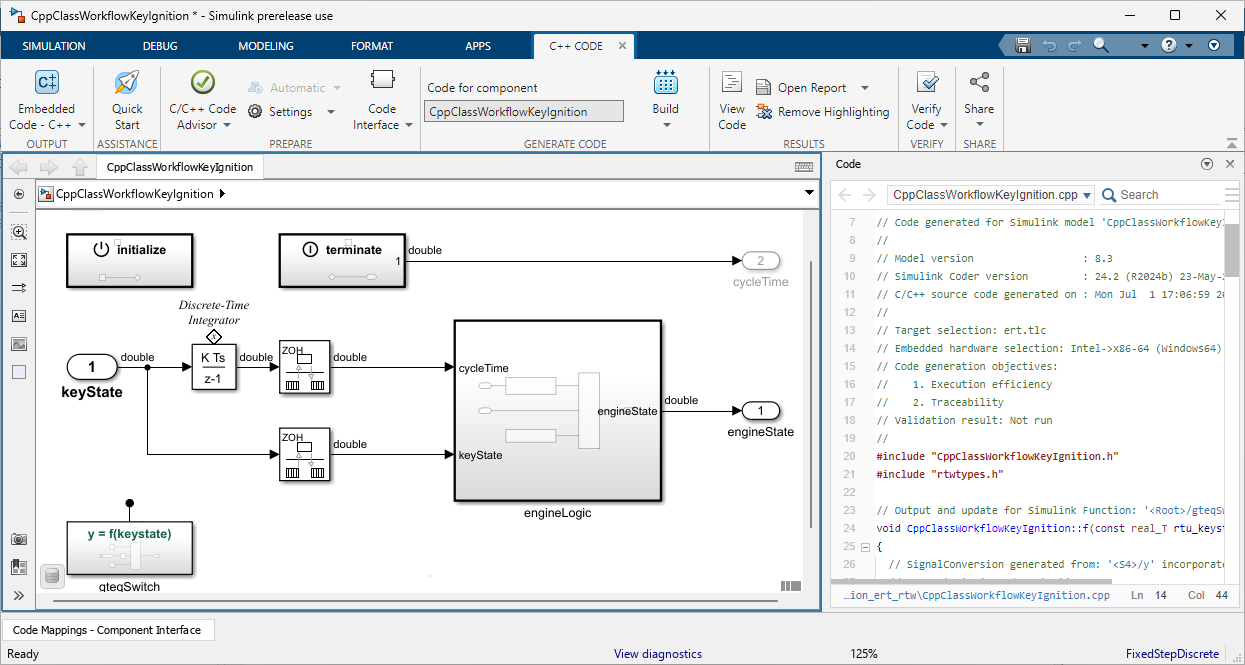 View of the CppClassWorkflowKeyIgnition model in Simulink. The toolstrip is at the top. The Simulink model is in the middle. The Code view pane is on the right.