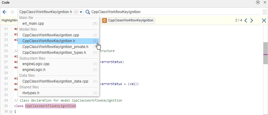 Use the search functionality in the Code view pane to view search hits in each file