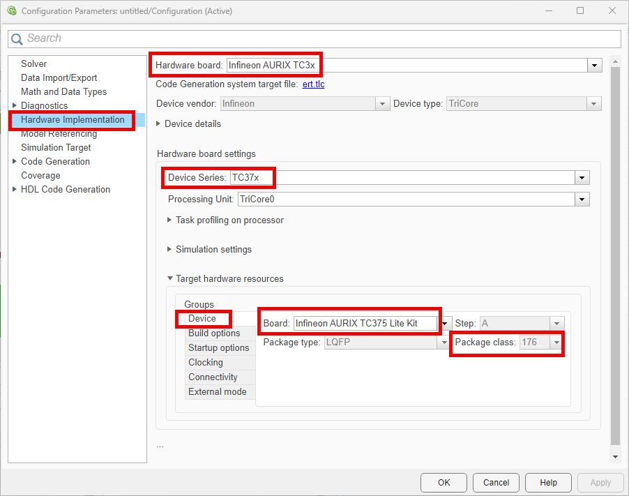 Configure pinout and package class parameters