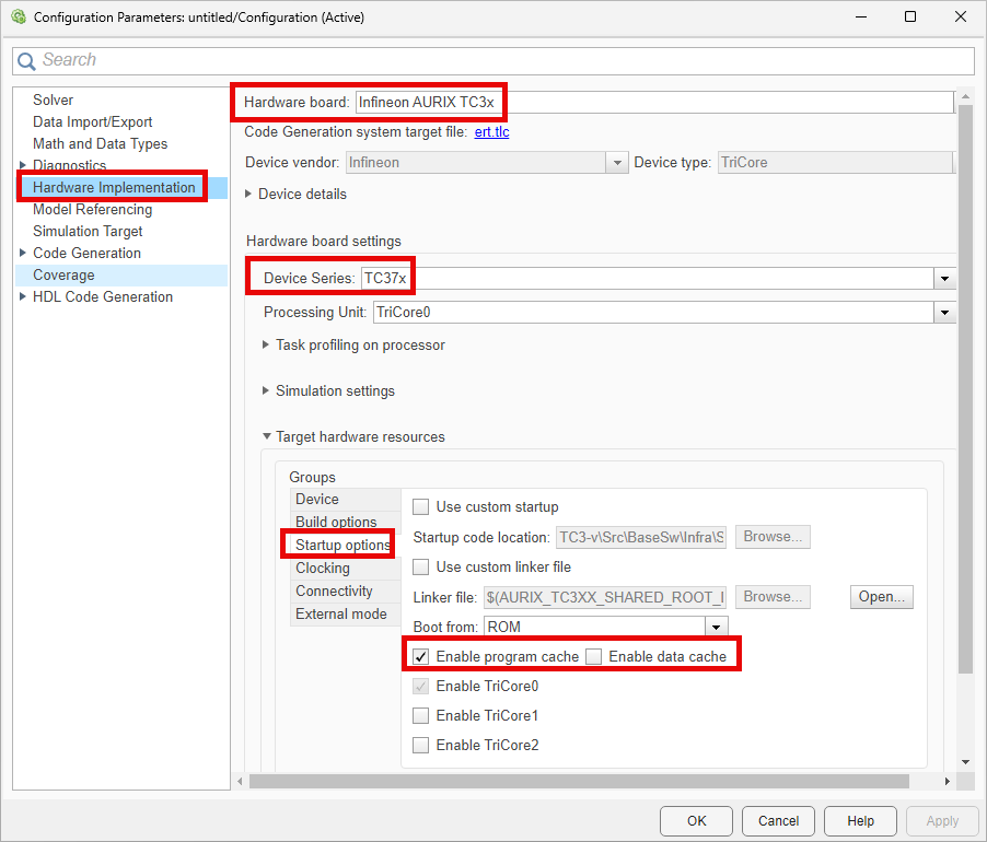 Configure Enable data and program cache parameters