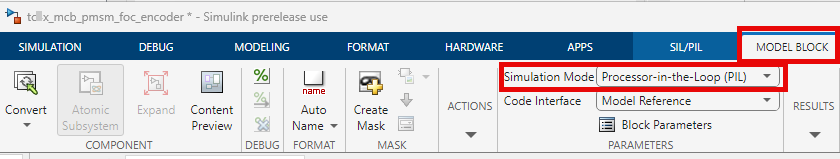select PIL simulation mode for the model reference
