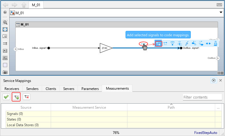 Model with signal selected. The add signal buttons are highlighted.