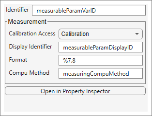 Additional Parameters dialog box. The Measurement section properties are Calibration Access: Calibration, Display Identifier: measurableParamDisplayID, Format: %7.8, and Compu Method: measuringCoimpuMethod.