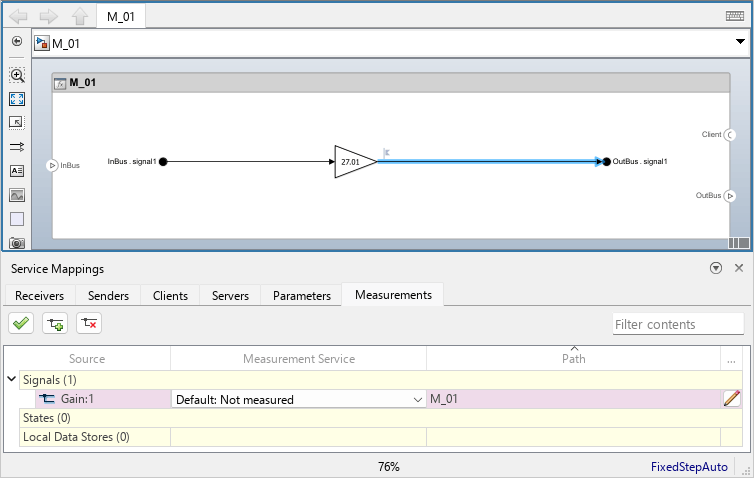 Model with signal selected. The signal is marked as configured for code generation, and appears in the Measurements tab of the Service Mappings editor under the Signals parent entry.