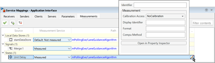 Service Mappings editor with the Measurements tab selected. The dialog box where you can set additional properties for is open.
