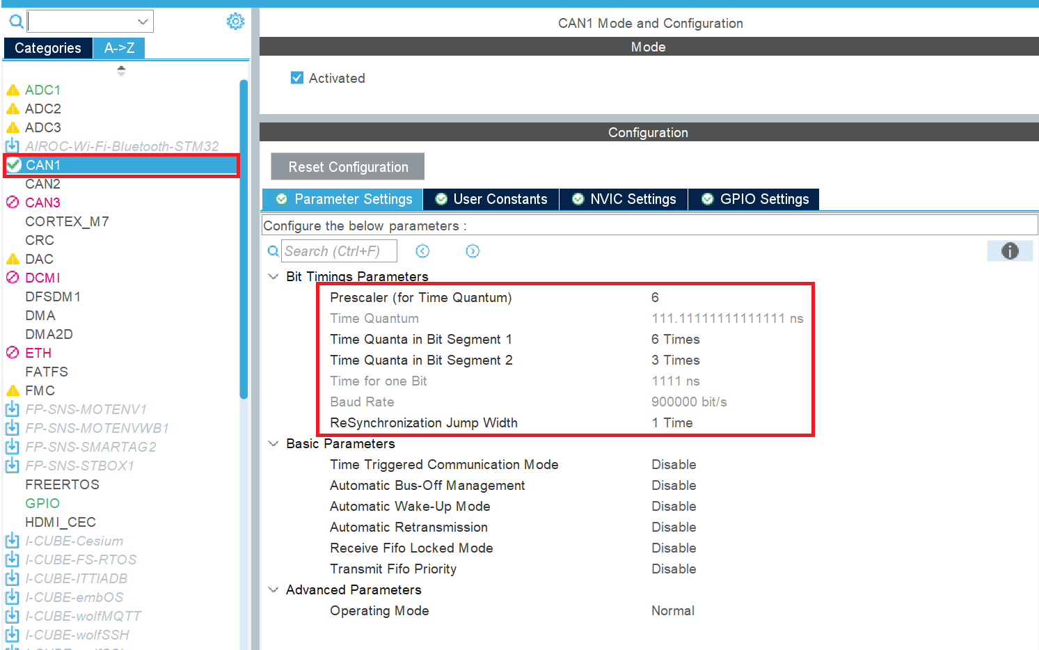 Bit timings configuration for CAN resource in STM32 CubeMX configuration software