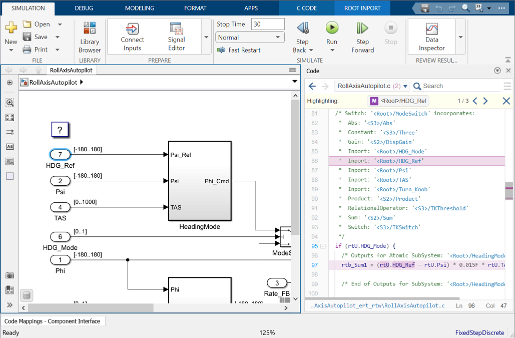 Code view containing generated code is open next to the model. Mouse cursor clicks a block in the model and corresponding lines of code are highlighted in Code view.