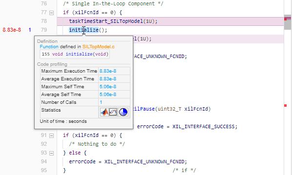 Initialization function call with tooltip showing table of code profiling metrics.