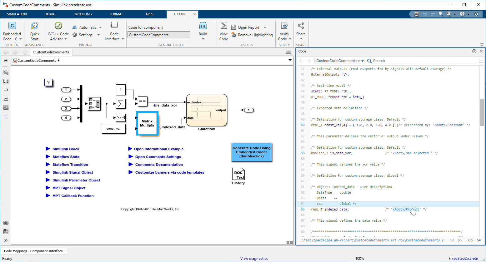Code view is open next to the model. Cursor is placed over a comment and corresponding block is highlighted.