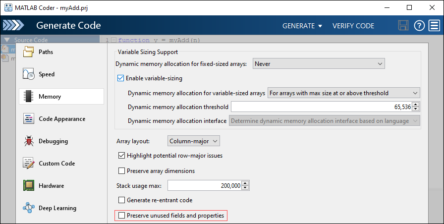 MATLAB Coder GUI to Preserve Unused Fields and Properties