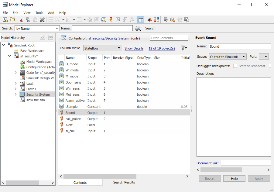 Model Explorer with the Security System chart selected in the left pane and the Sound event highlighted in the center pane.