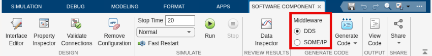Software Component Designer toolstrip with Middleware section highlighted.