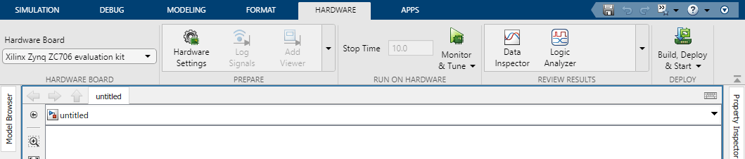 After clicking the Run on Hardware Board app, the Hardware tab appears in the Simulink editor.