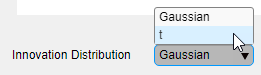 The Innovation Distribution button is selected and the distribution options "Gaussian" and "t" are shown.