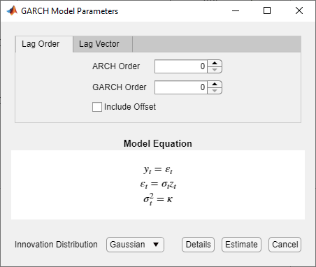 Screen shot of GARCH Model Parameters dialog box with Lag Order tab selected.