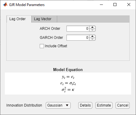 Screen shot of GJR Model Parameters dialog box with Lag Order tab selected.
