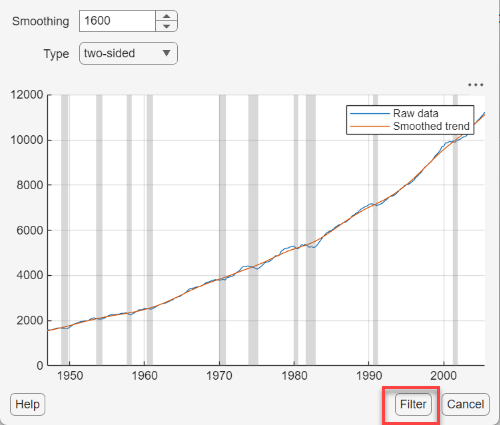 The screen shot shows the Hodrick-Prescott filter dialog showing the smoothing parameter set to 1600, the filter type set to two-sided, and a plot of the GNPR series with its trend component, as computed by the Hodrick-Prescott filter at the current parameter settings.