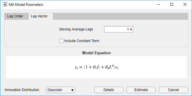 The MA Model Parameters dialog box with the tab "Lag Vector" selected, Autoregressive Lags set to 1 4, and the check box next-to "Include Constant Term" unselected. The Model Equation section is at the bottom.