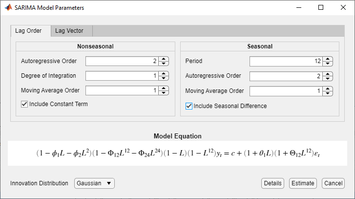The SARIMA Model Parameters dialog box has the "Lag Order" tab selected. The Nonseasonal section shows Autoregressive Order set to 2, Degree of Integration and Moving Average Order both set to 1, and the check box next-to "Include Constant Term" is selected. The Seasonal section shows Period set to 12, Autoregressive Order set to 2, Moving Average Order set to 1, and the Include Seasonal Difference check box is selected. The Model Equation section is at the bottom.