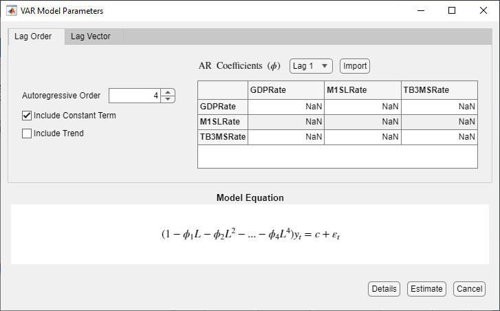 VAR Model Parameters dialog box specifying a VAR(4) model that includes a constant vector