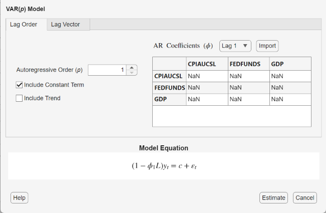 Screen shot of VAR Model Parameters dialog box with Lag Order tab selected.
