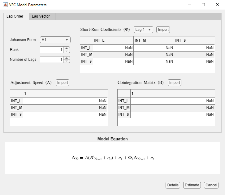 VEC Model Parameters dialog box showing parameter settings