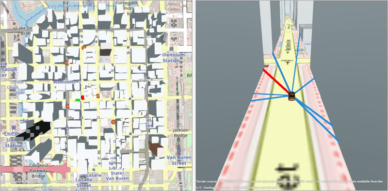 Side-by-side viewers during the proximity simulation. In the right panel, lines of varying width connect the ego vehicle to the other vehicles. The line to the closest vehicle is red and thick. In the left panel, the closest vehicle is red.