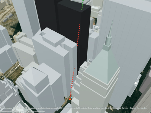 A dashed line between the tower and the car. The line is green from the tower to the obstruction point and red from the obstruction point to the car.