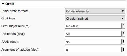 Spacecraft Dynamics Orbit tab with orbital elements initial state format and circular inclined orbit type