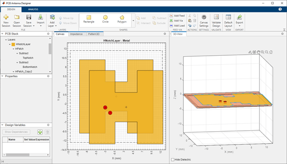 PCB Antenna Designer app canvas showing a 2D top view and a 3D view of an H‑shaped copper patch with feed markers. The left panel lists PCB layers and properties, the center panel displays the 2D layout, and the right panel shows the 3D stackup view.