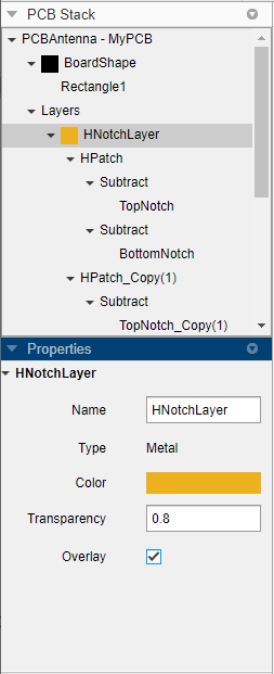 PCB Antenna Designer property panel showing “HNotchLayer” layer selected in the PCB Stack panel. The Properties panel displays the layer’s settings: Name “HNotchLayer,” Type “Metal,” yellow color, Transparency 0.8, and Overlay enabled.