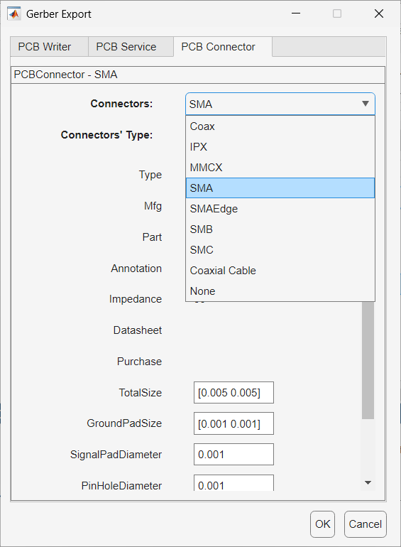 PCB Connector selection menu.