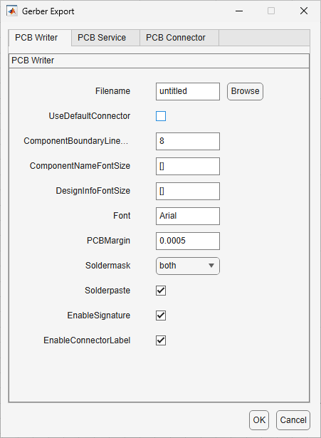 A screenshot of the “Gerber Export” settings window with four tabs at the top: “PCB Writer,” “PCB Service,” “PCB Connector,” and again “PCB Writer,” which is selected. The panel displays various export options including a filename field set to “untitled” with a “Browse” button. Several checkboxes appear, including “UseDefaultConnector,” “Solderpaste,” “EnableSignature,” and “EnableConnectorLabel,” all checked. Text fields include values such as “8” for ComponentBoundaryLine, empty brackets for ComponentNameFontSize and DesignInfoFontSize, “Arial” for Font, and “0.0005” for PCBMargin. A dropdown menu labeled “Soldermask” is set to “both.” At the bottom, there are “OK” and “Cancel” buttons.