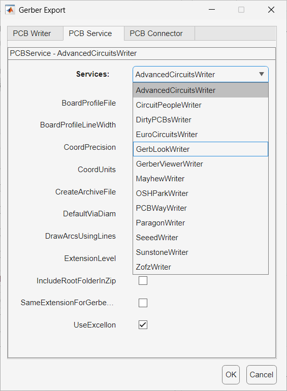 PCB writer service selection menu. The GerbLookWriter is selected.