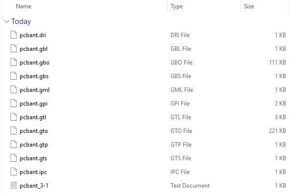 A Windows File Explorer window is open to the folder “\pcbant.” The main pane lists twelve Gerber files with names beginning with “pcbant,” each with various extensions such as .drl, .gbl, .gbo, .gbs, .gtl, .gto, .gts, .ipc, and one text file.