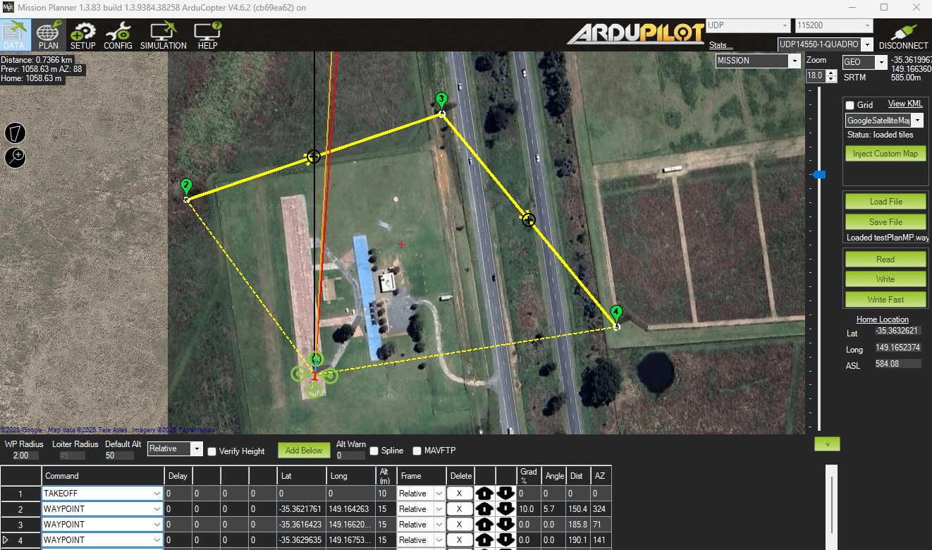 Mission Planner view with four waypoints.